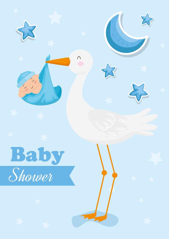 tarjeta de baby shower con cigüeña y decoración. vector