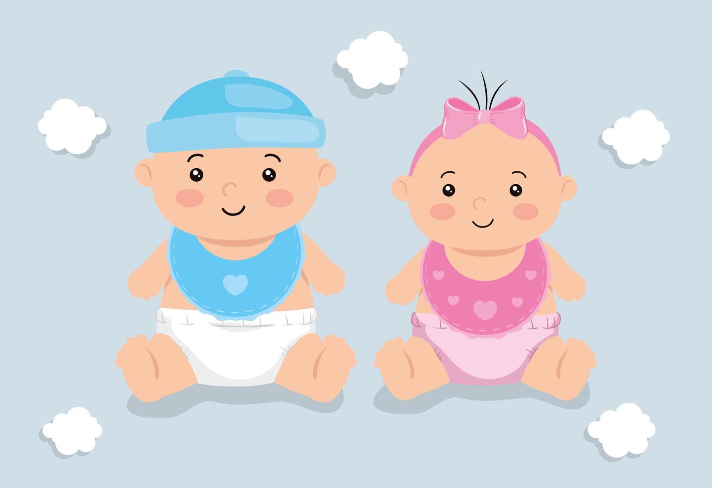 cute little babies with clouds decoration vector