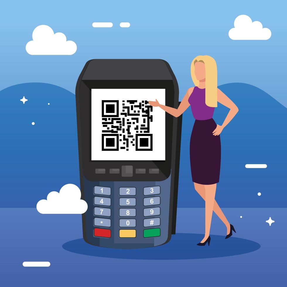 empresaria y datáfono con código de escaneo qr vector