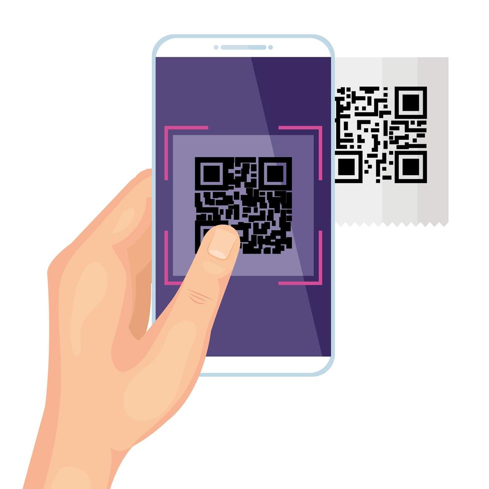 mano usando un teléfono inteligente con código de escaneo qr vector