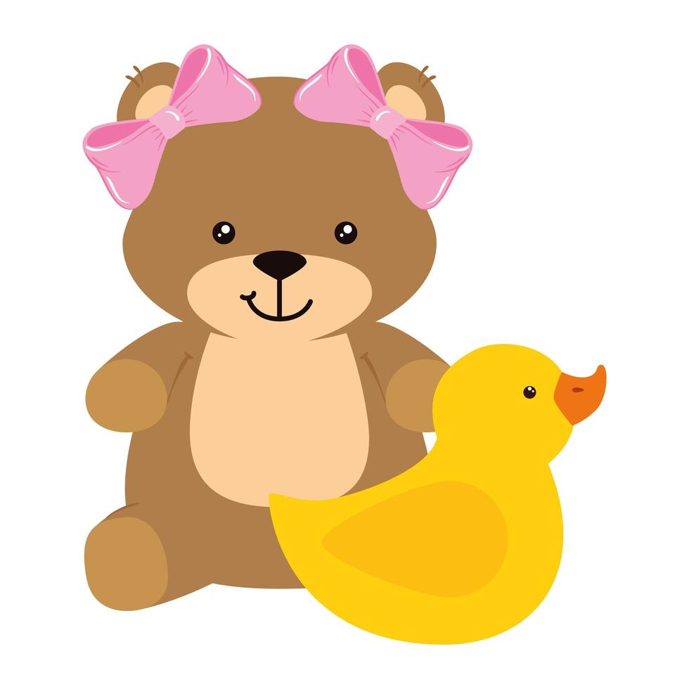 cute duck rubber with teddy bear female vector