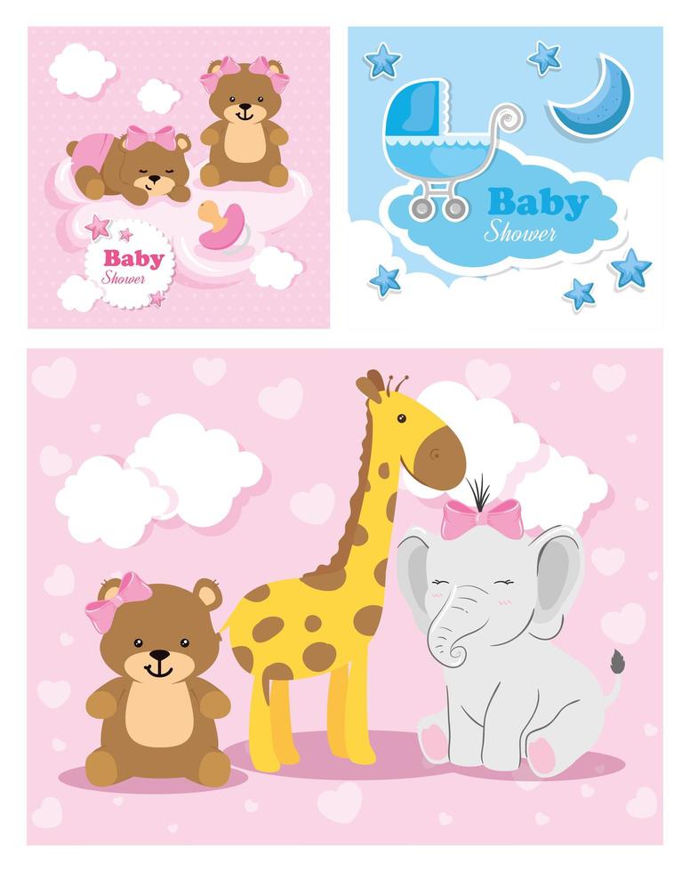 set of baby shower cards with cute decoration vector