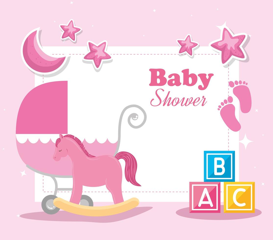 tarjeta de baby shower con caballo de madera e iconos vector