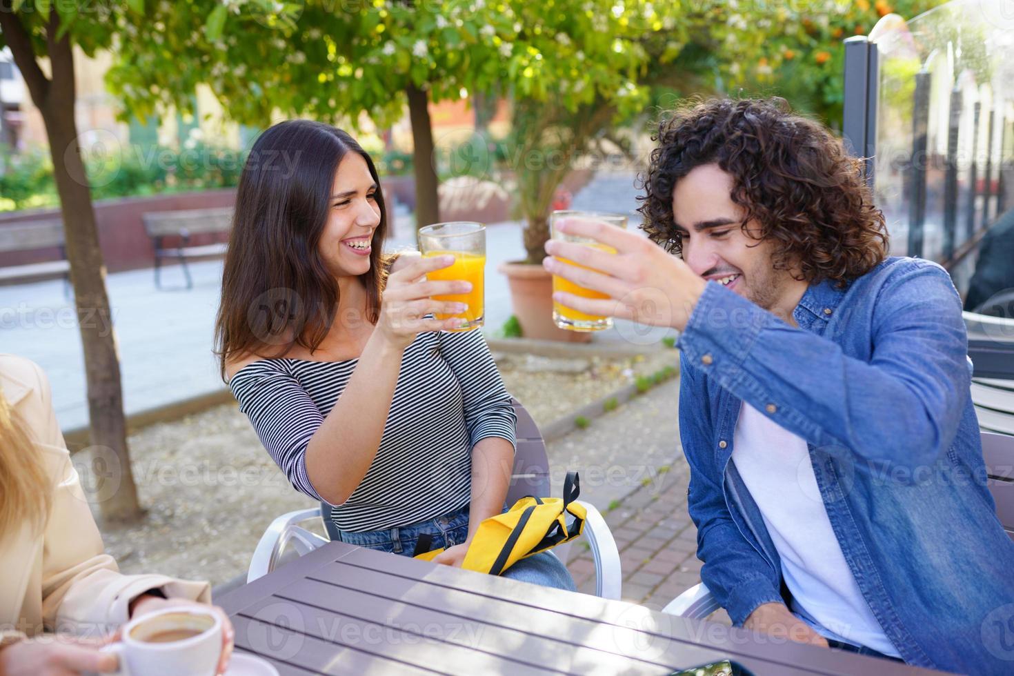 Couple of friends toasting while having a drink with their multi-ethnic group of friends photo