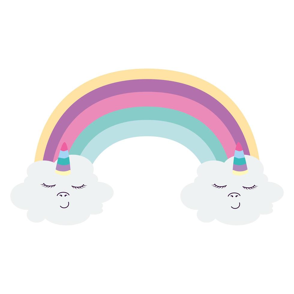 cute rainbow with clouds unicorn kawaii style vector