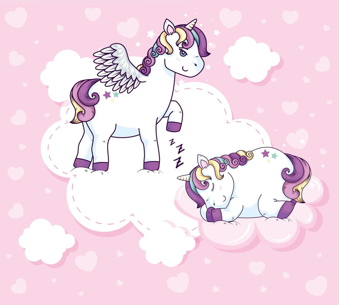 lindos unicornios fantasía y decoración de nubes. vector