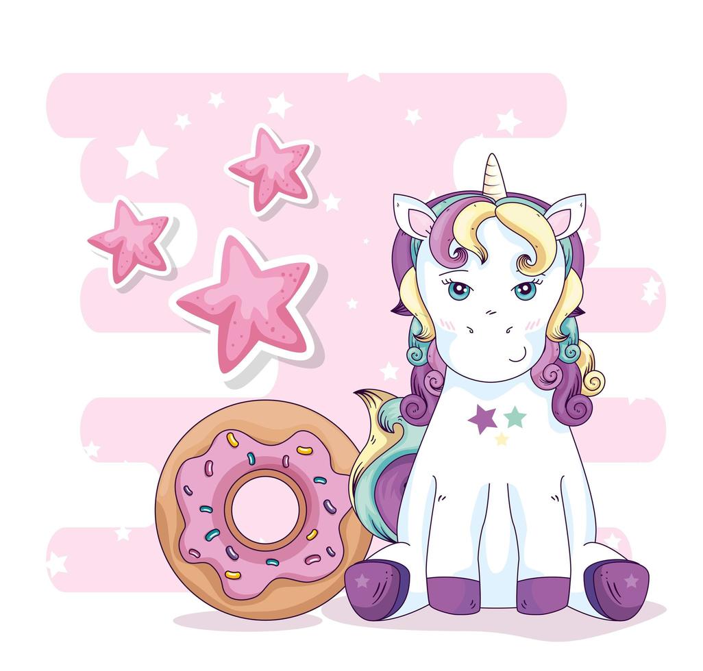 cute unicorn with stars decoration and donut vector