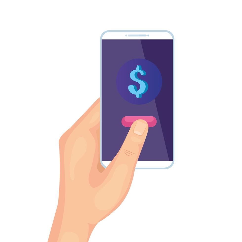 hand holding smartphone with dollar vector design