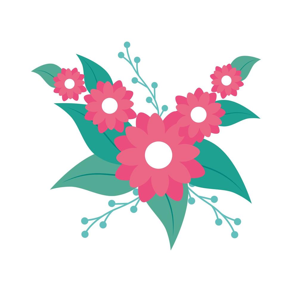 cute flowers pink color with leafs vector