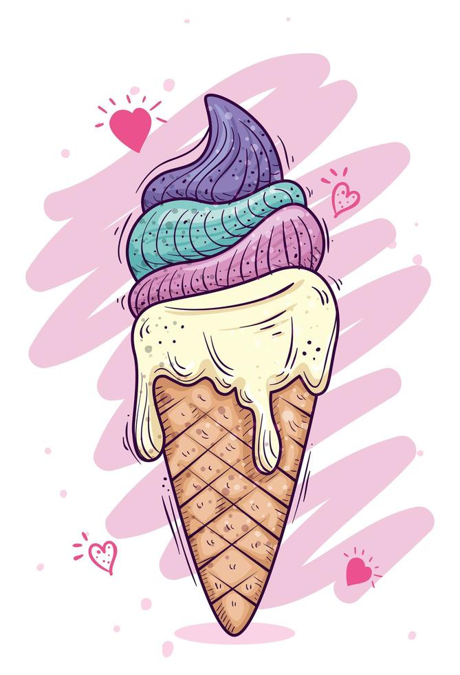 cute and delicious ice cream in cone with hearts decoration vector