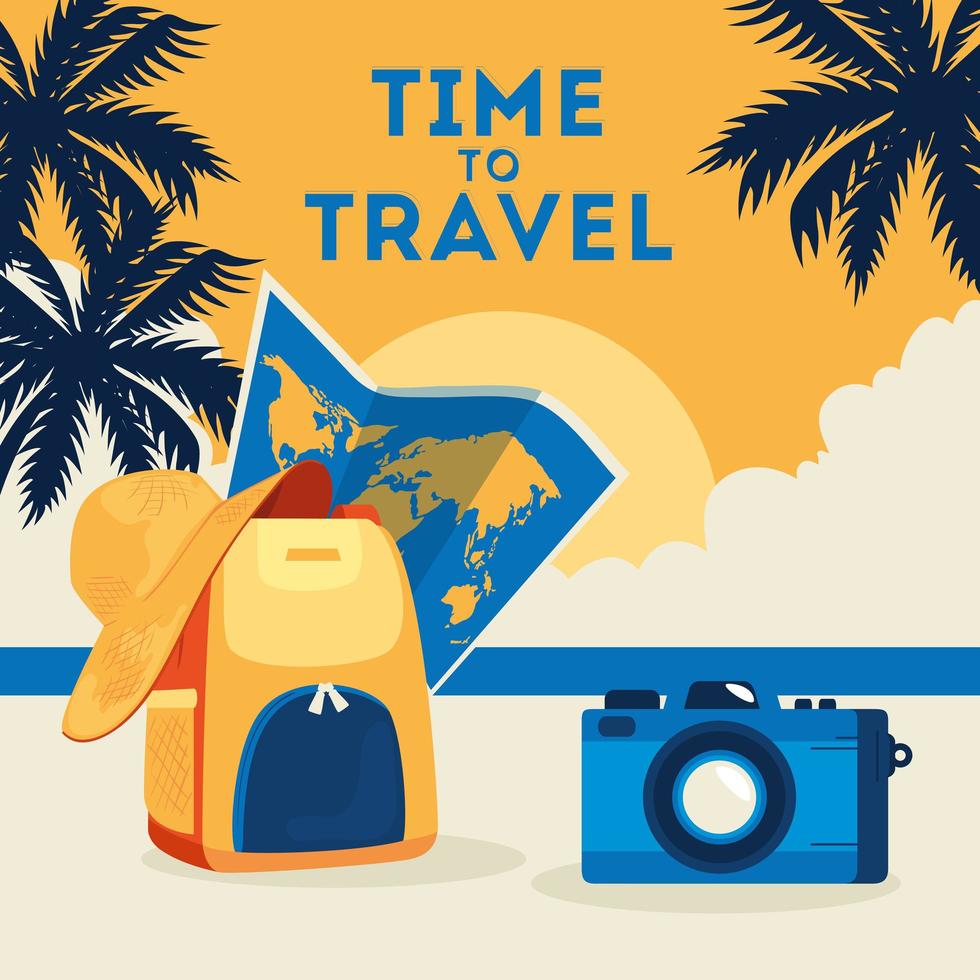 cartel de viaje en el tiempo con iconos de verano en la playa vector