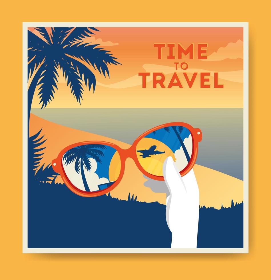 cartel de viaje en el tiempo con paisaje de verano e iconos vector