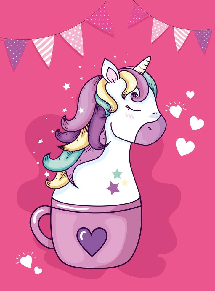 head of cute unicorn fantasy in cup ceramic with decoration vector