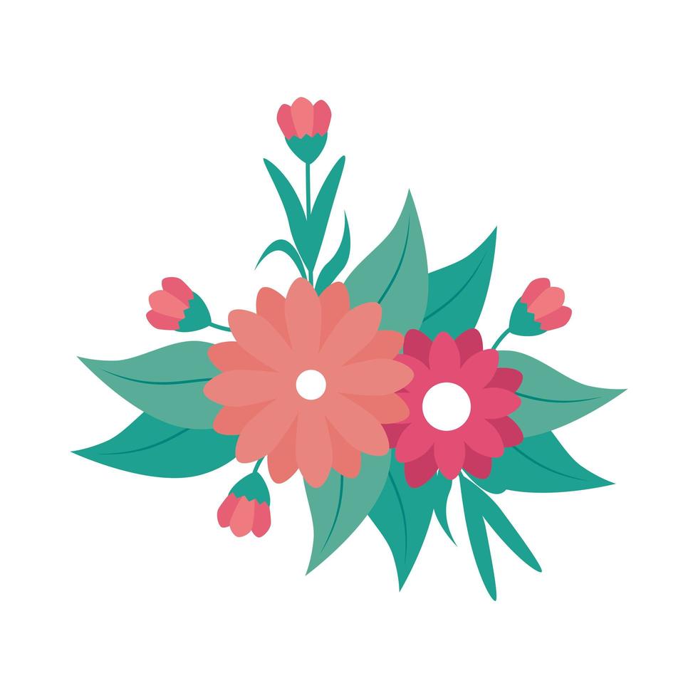 cute flowers pink color with leafs vector