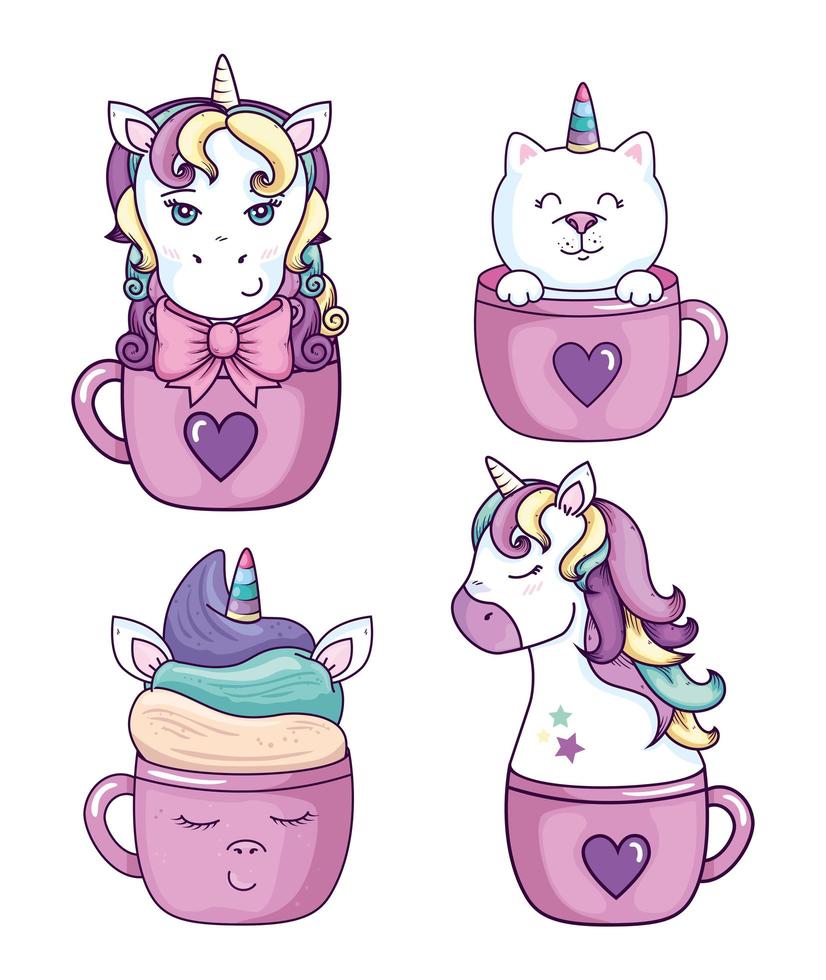 set designs of unicorns and cute icons vector