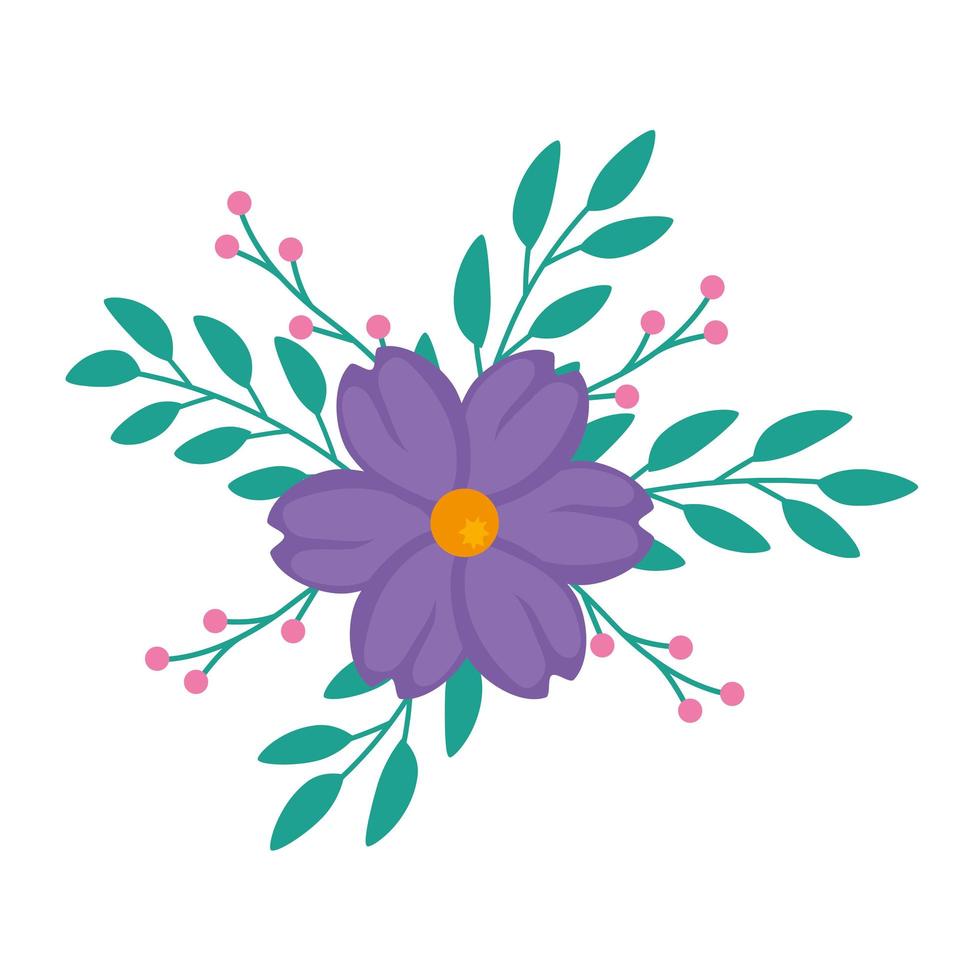 cute flower purple color with branches and leafs vector