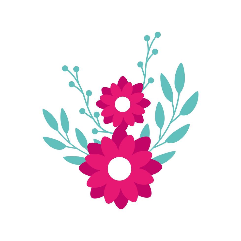 cute flowers pink with branches and leafs vector