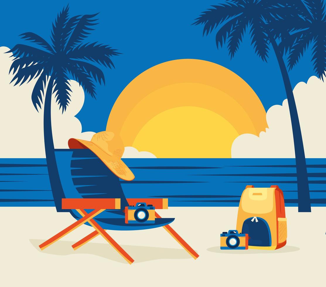 summer landscape with tree palm and icons vector