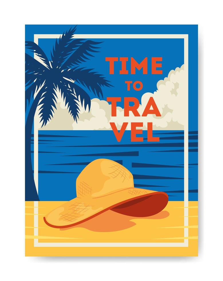 cartel de viaje en el tiempo con paisaje de verano e iconos vector