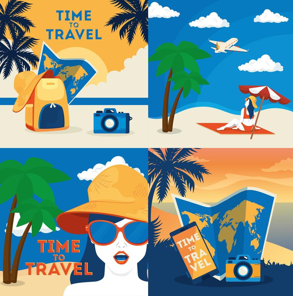 set poster of time travel and summer icons vector