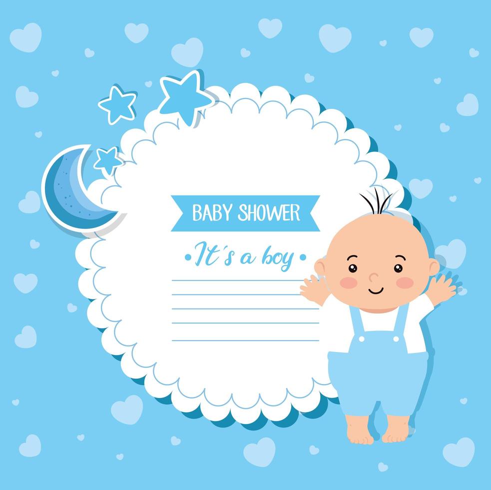 tarjeta de baby shower con niño y decoración. vector