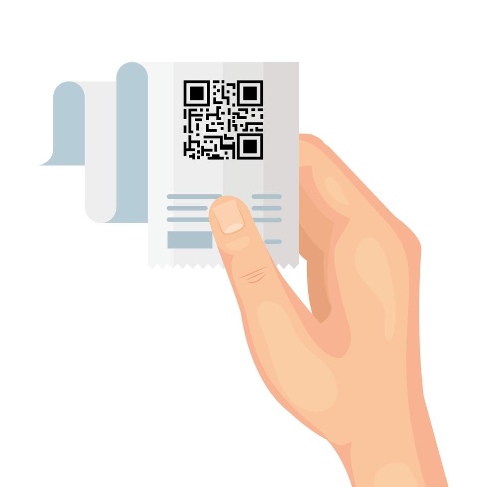 mano que sostiene el diseño del vector del papel del recibo del código qr