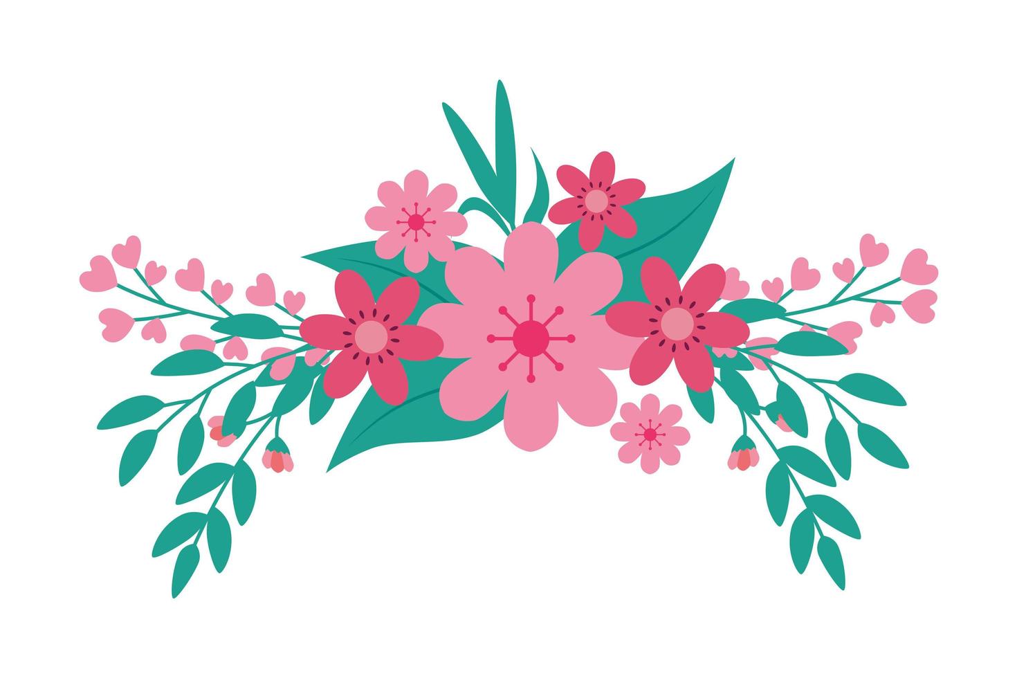 cute flowers pink with branches and leafs vector