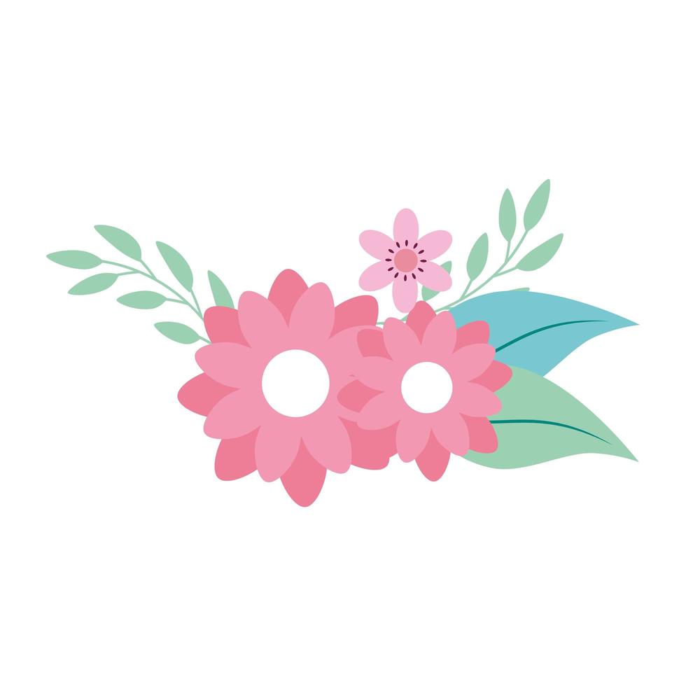 cute flowers pink with branches and leafs vector