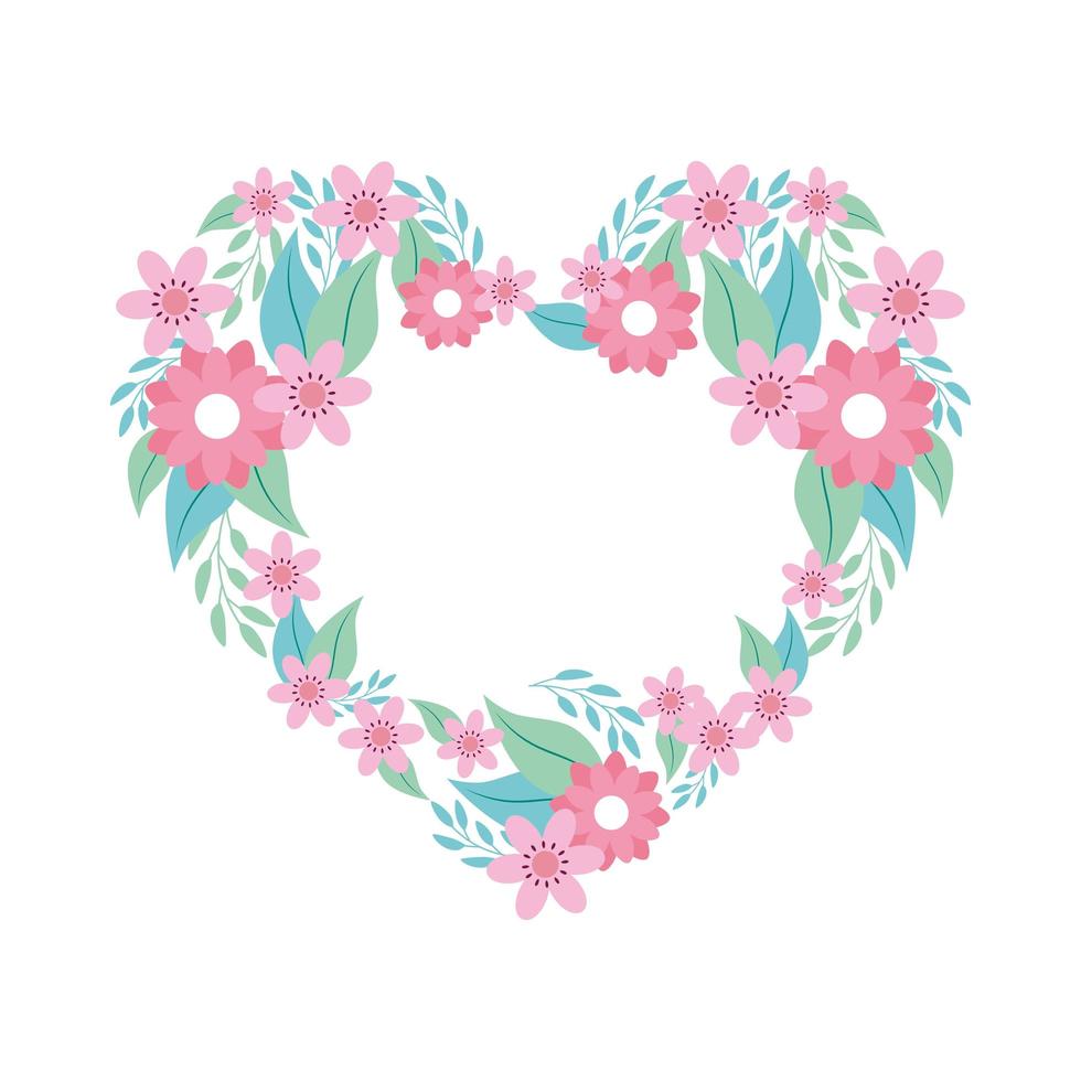 heart of flowers pink with branches and leafs vector