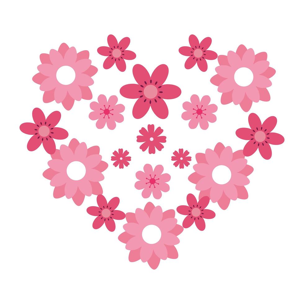 Corazón de flores lindas icono aislado de color rosa vector