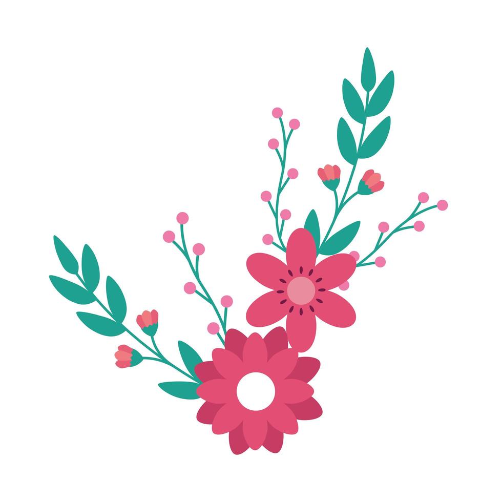 cute flowers pink with branches and leafs vector