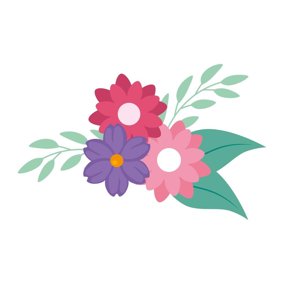 cute flowers with branches and leafs vector