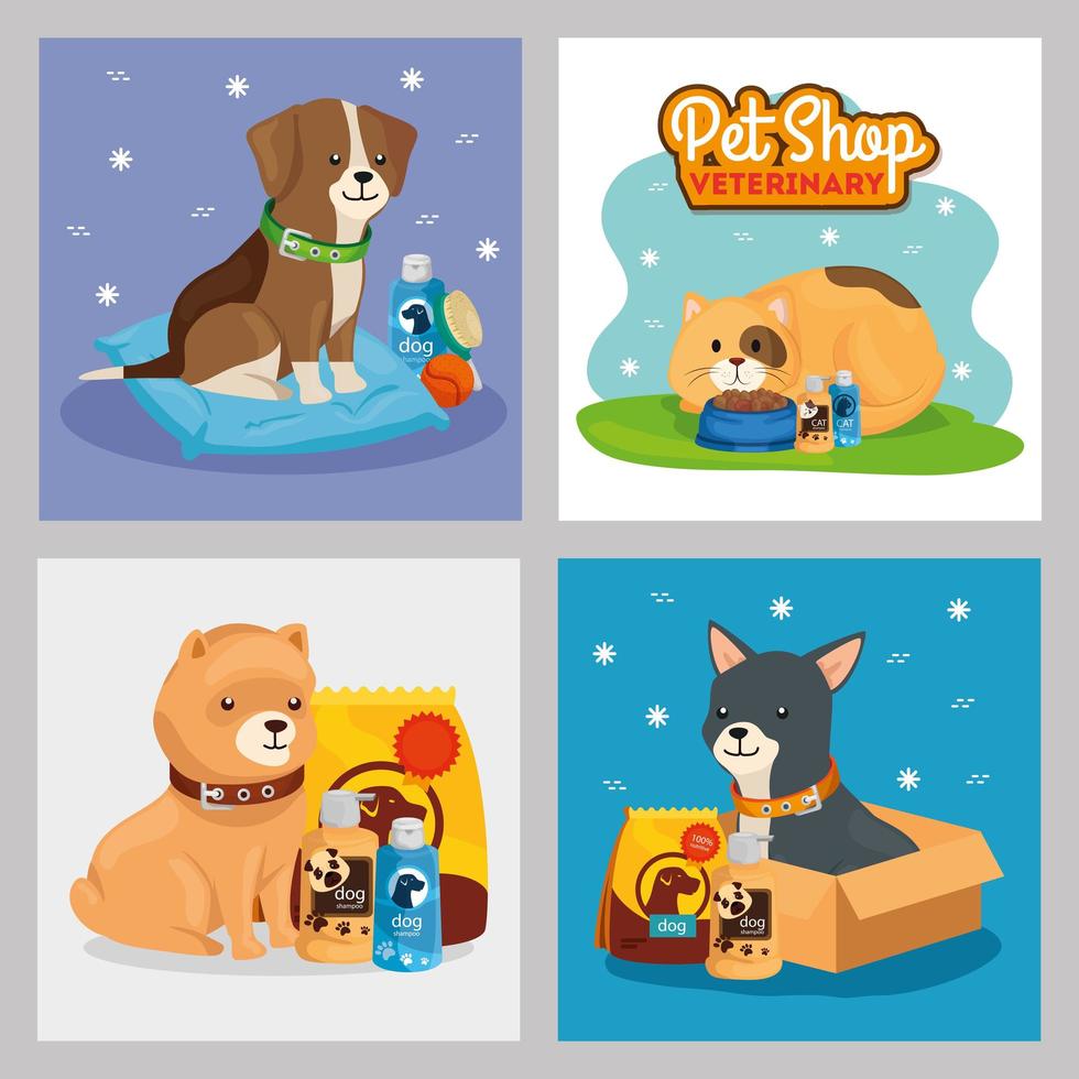 Establecer póster de veterinaria de tienda de mascotas con iconos vector