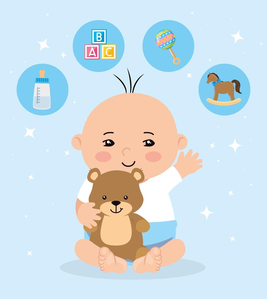 lindo, bebé, niño, con, conjunto, iconos vector