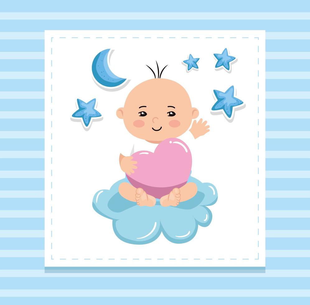 lindo bebé niño en la nube con decoración vector