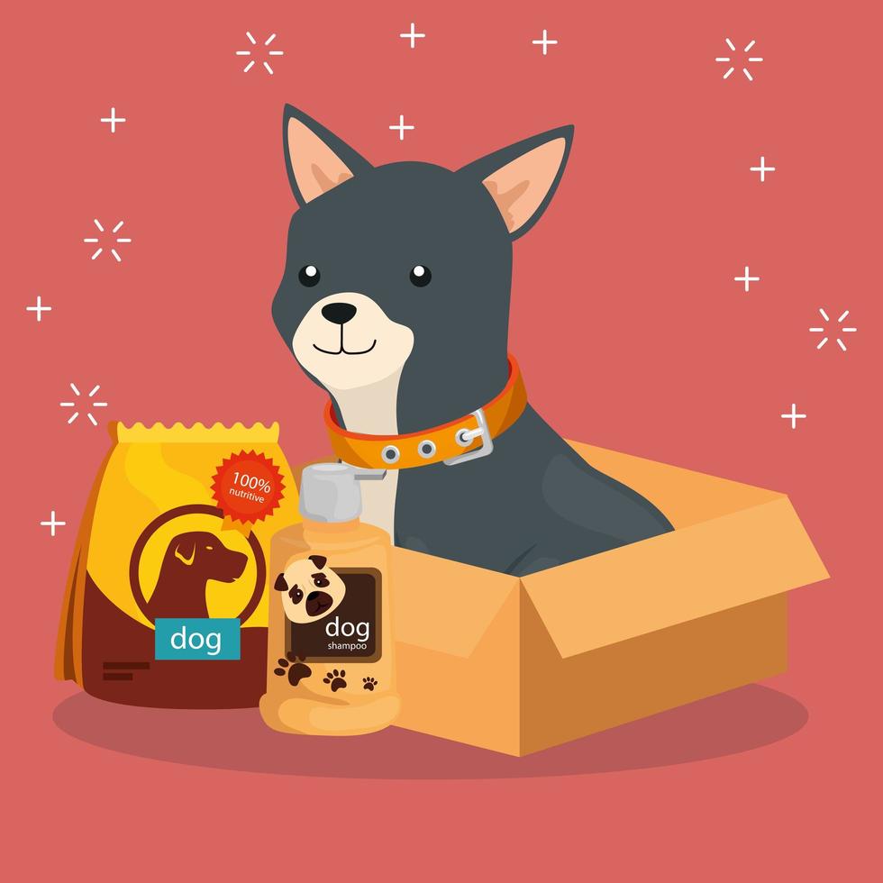 cute dog with bag food and icons vector