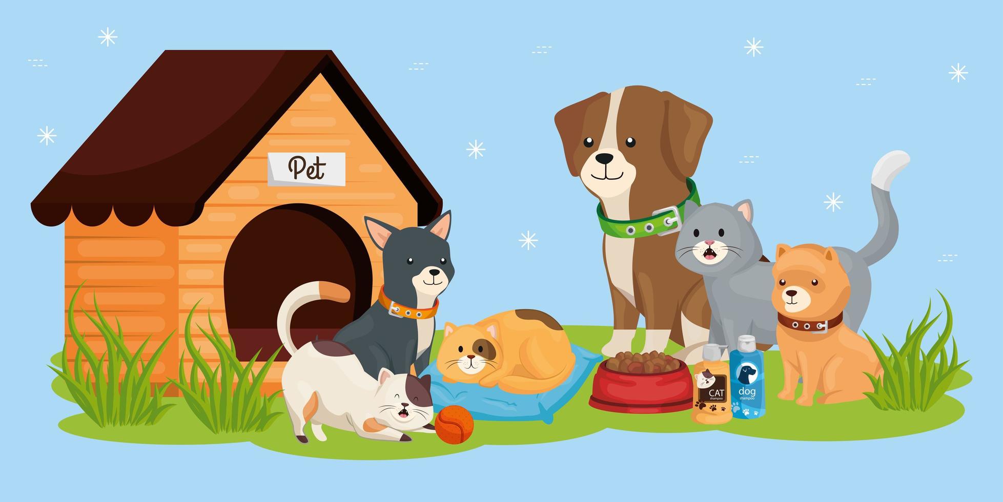 cute dogs with cats and icons vector