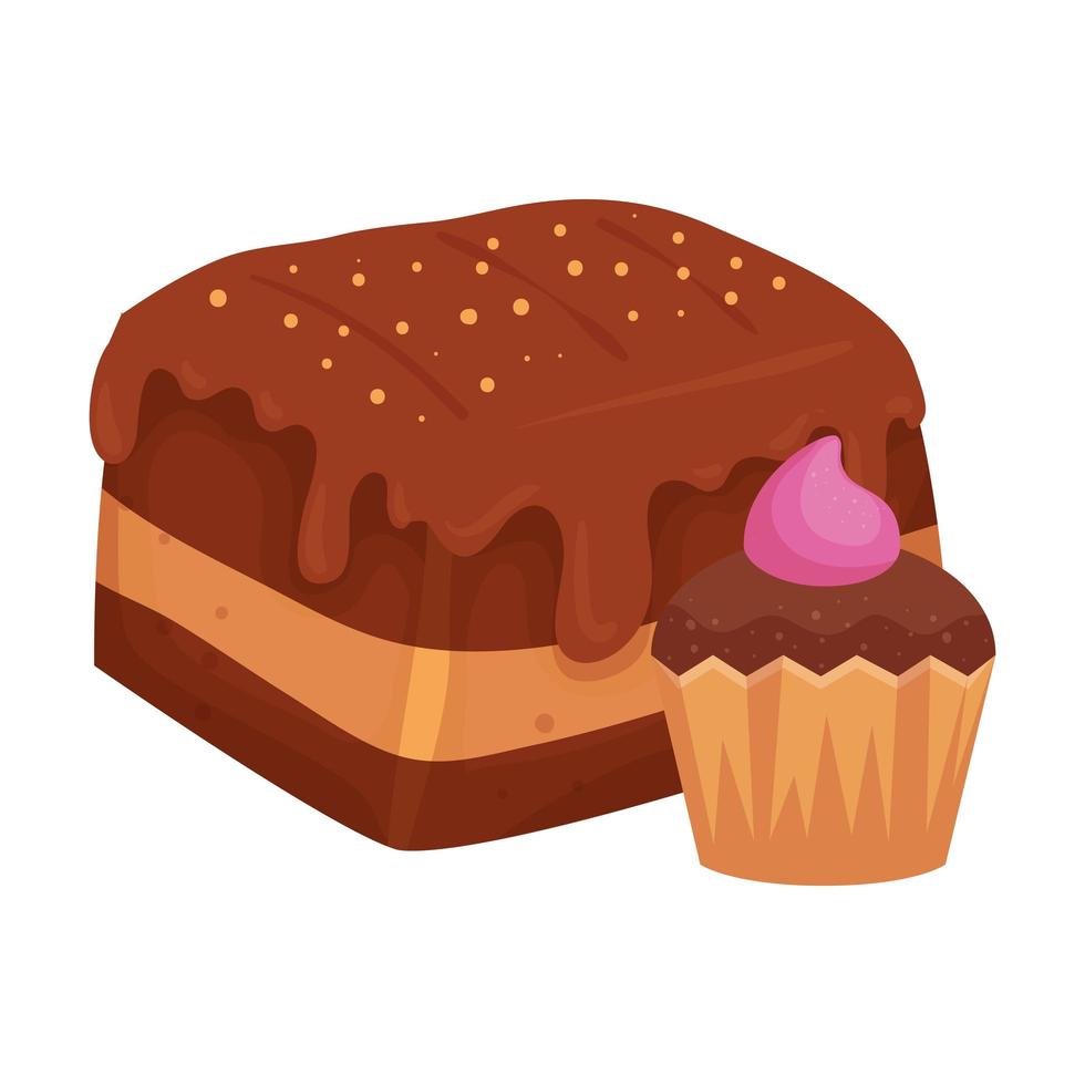 Pastel de chocolate con cupcake icono aislado vector