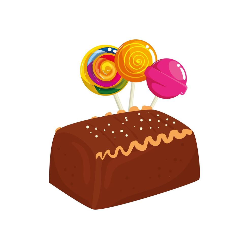 Delicioso pastel de chocolate con piruletas icono aislado vector