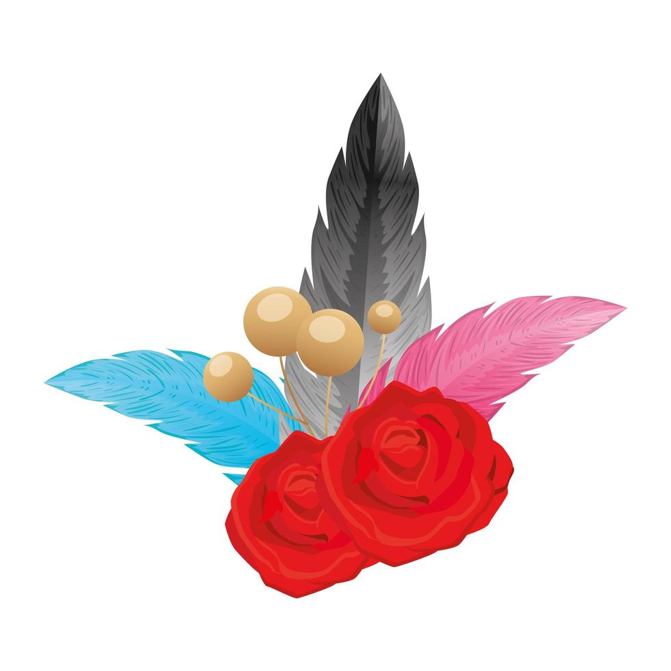 plumas elegantes con decoración de flores rosas vector