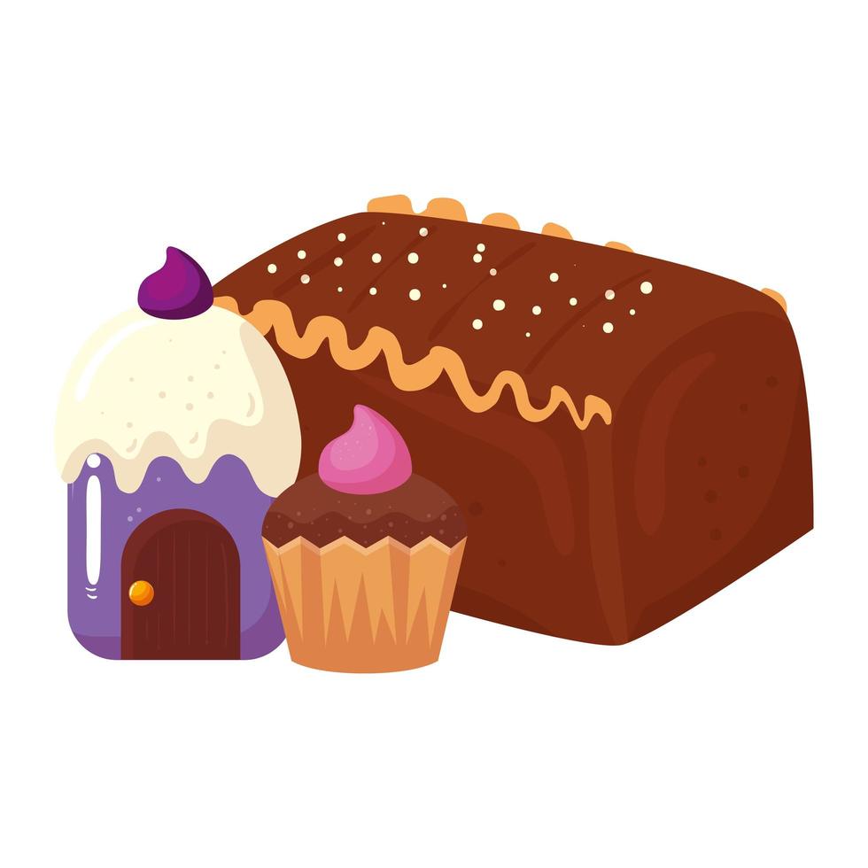 delicioso pastel de chocolate con cupcakes vector