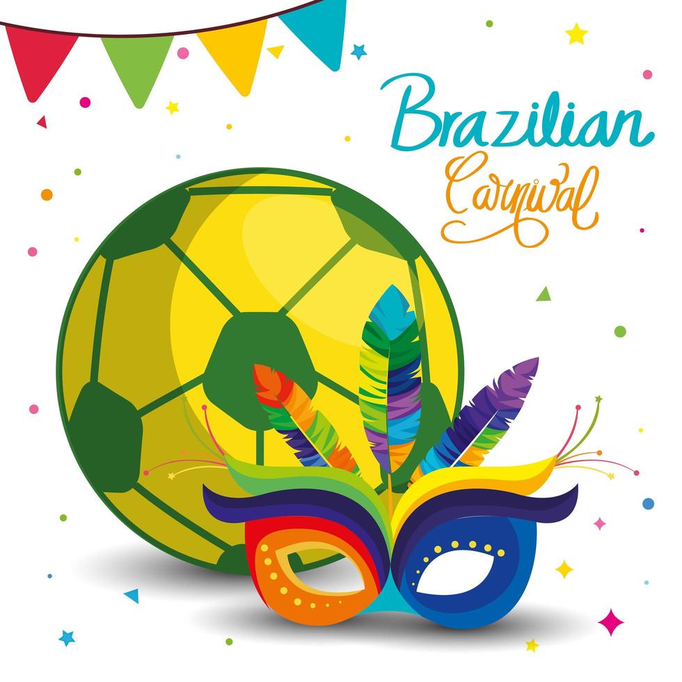 cartel de carnaval brasileño con máscara de carnaval y balón de fútbol vector