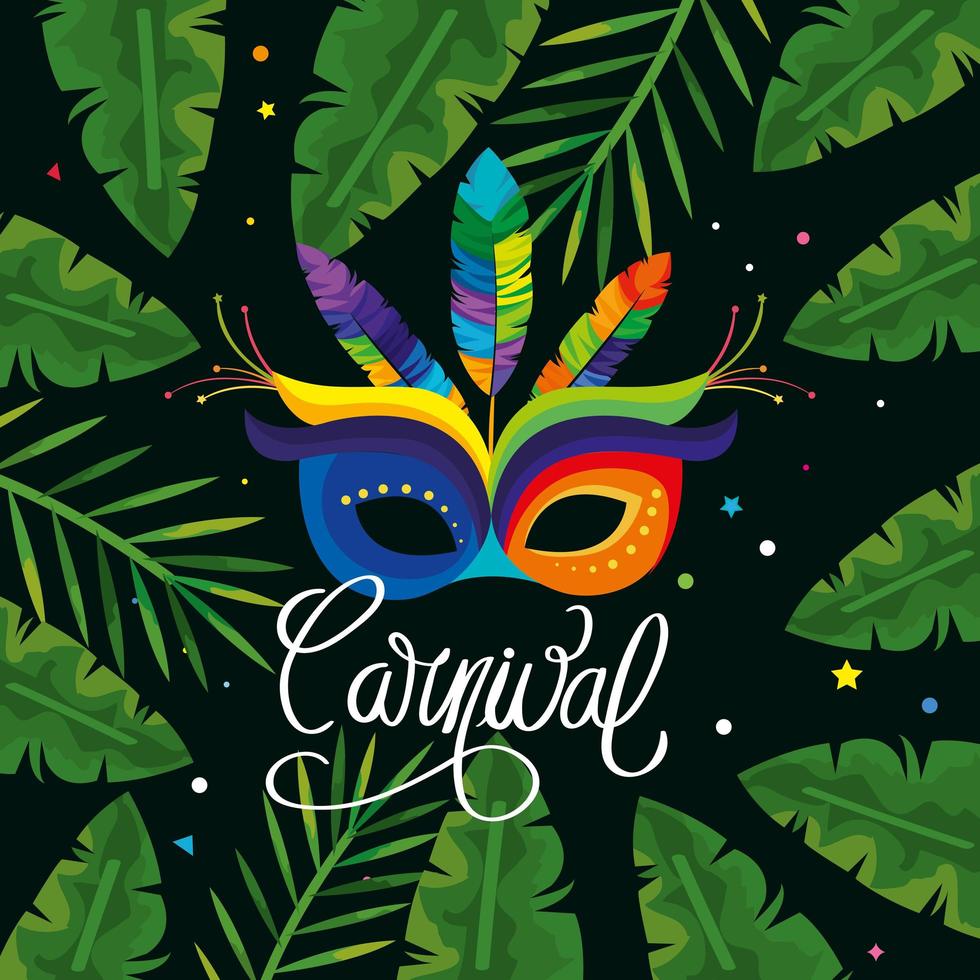 poster of carnival brazil with mask and tropical leafs vector