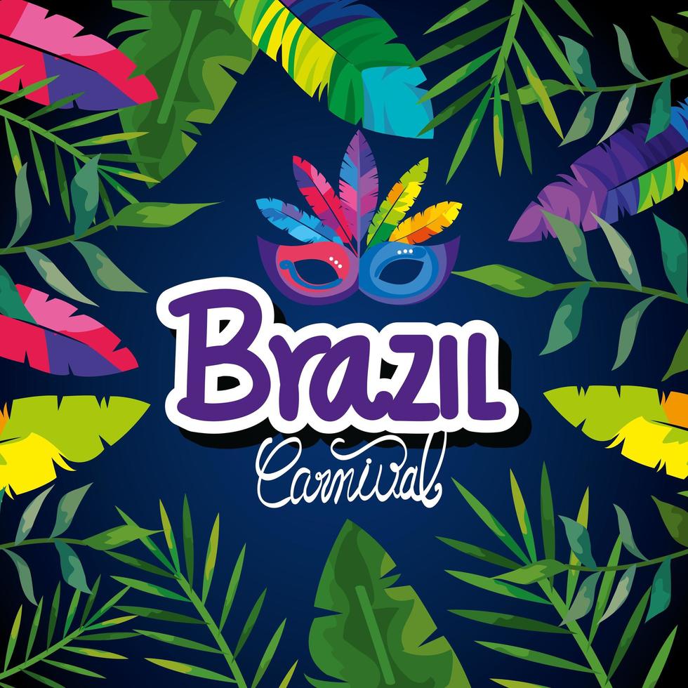 poster of carnival brazil with mask carnival and tropical leafs vector