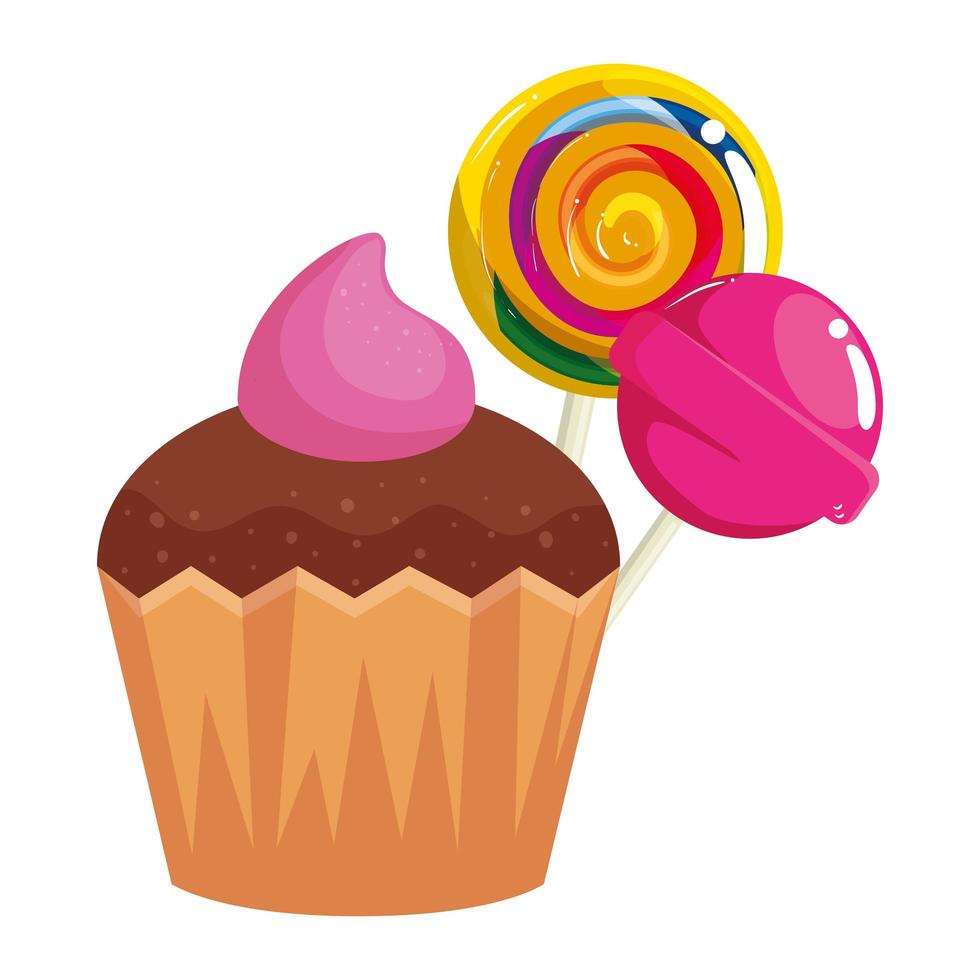 delicioso cupcake con piruletas icono aislado vector