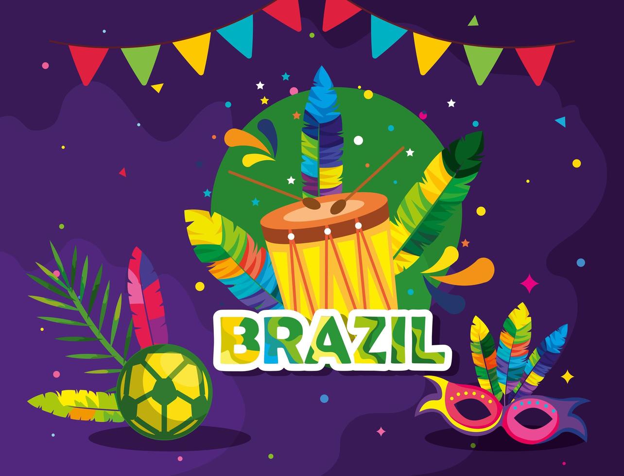 poster of carnival brazil with drum and decoration vector