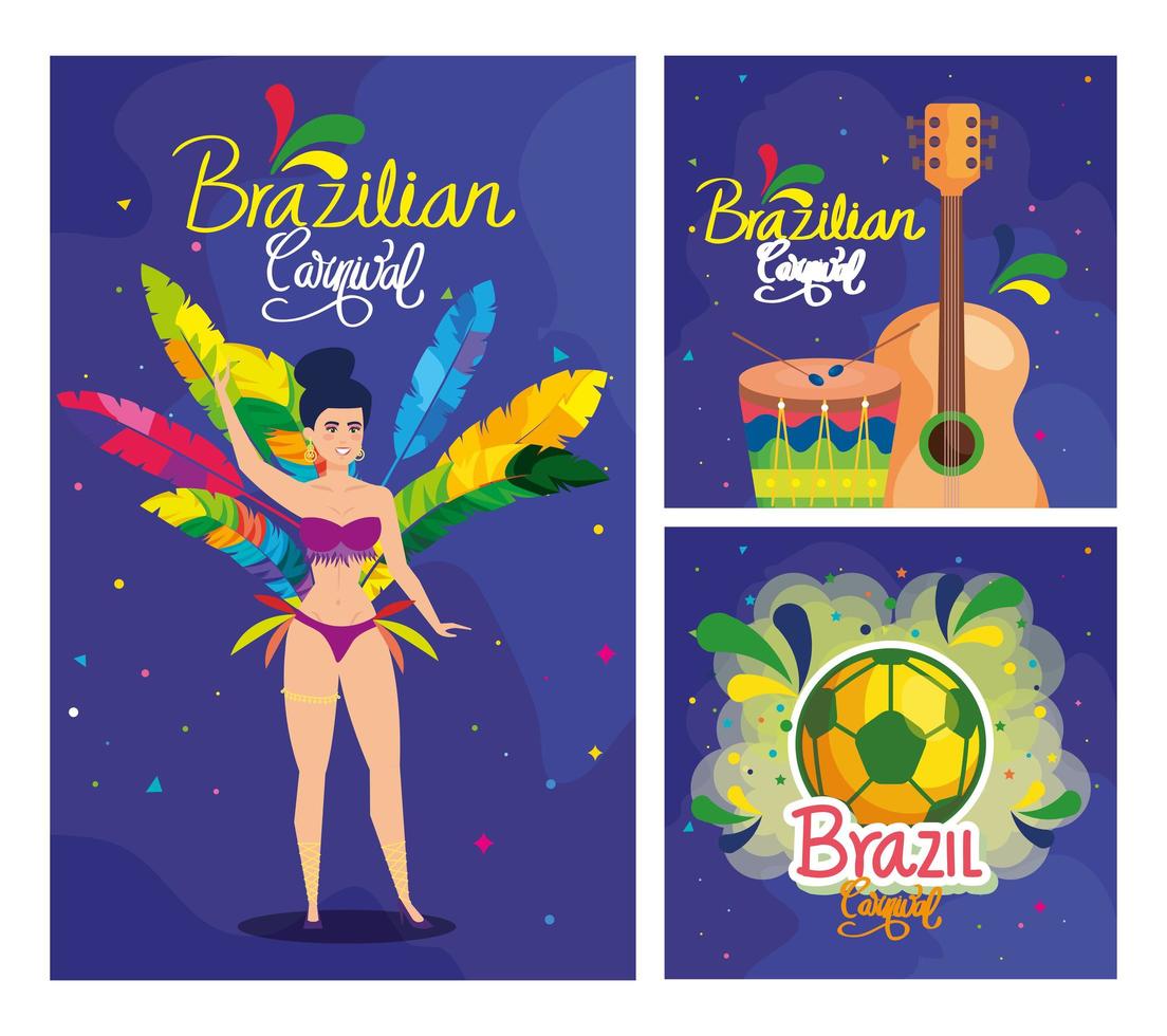 set of poster carnival brazil with decoration vector