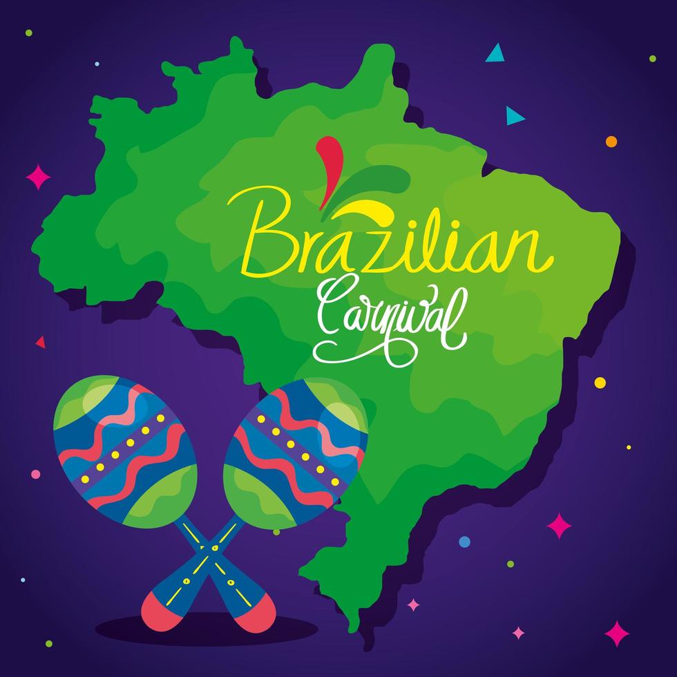 cartel del carnaval brasileño con mapa y maracas vector