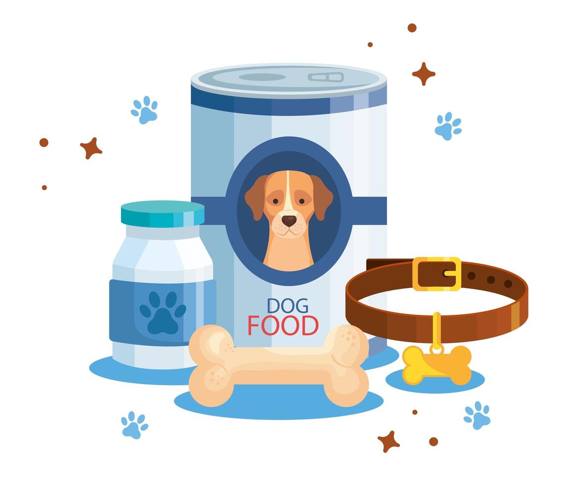 comida para perro en lata con iconos vector