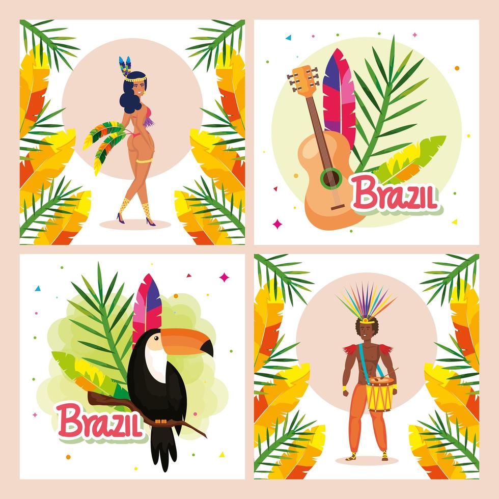 set poster of brazil carnival with decoration vector